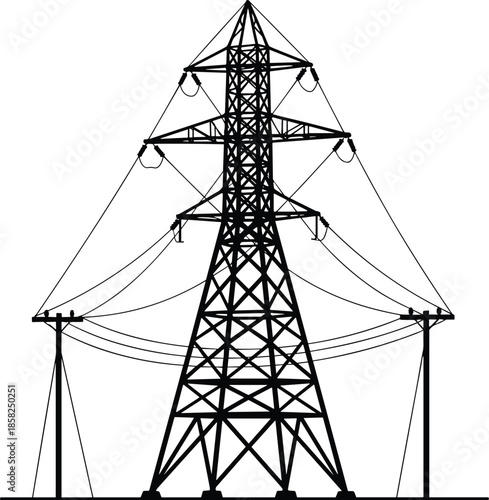 High-Voltage Transmission Tower and Utility Poles Line Art Vector Illustration, Representing Electrical Power Grid Infrastructure, Energy Distribution, and Step-Down Process from Long Distance Supply.