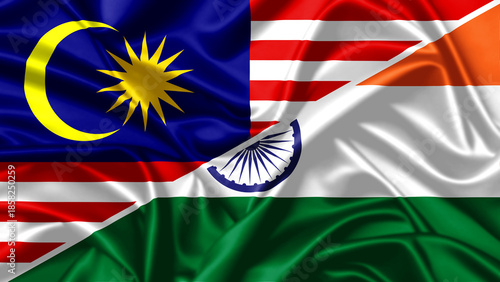 India and Malaysia bilateral relationship concept with merged waving national flags and symbols