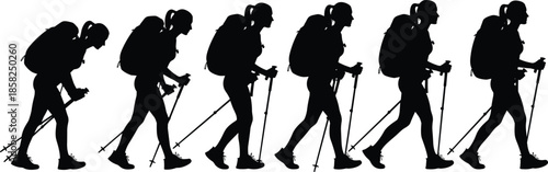 Hiker silhouette sequence illustration trekking with backpack walking poles outdoor adventure travel fitness black vector isolated white background