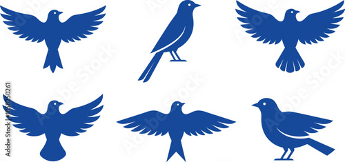 Blue bird silhouettes set showing flying and standing poses, minimalist avian icons for logos branding, modern flat vector illustration design