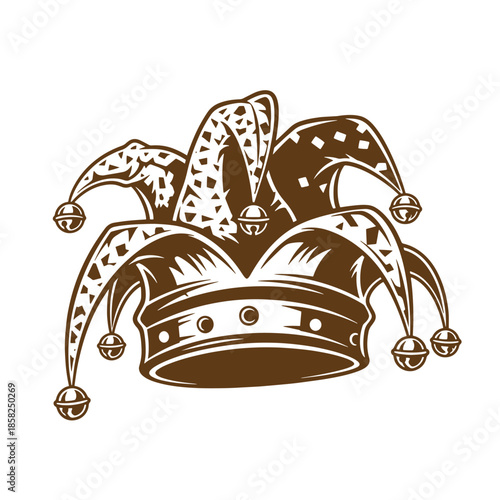 Vintage Brown jesters hat with bells on transparent background  a medieval fools cap