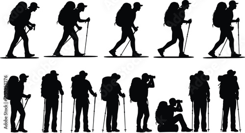 Hiker silhouette set illustration trekking backpack walking poles outdoor adventure travel exploration photography black vector isolated white background collection