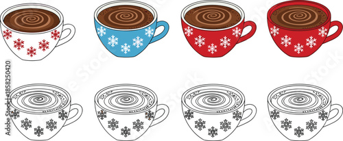 Hot chocolate mug icon set, festive winter drink illustration, holiday beverage graphic pack, cad drawing flat vector illustration