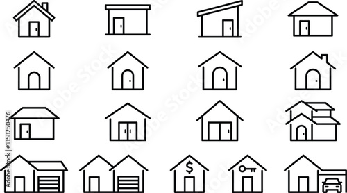 House architecture icons, residential building symbols, home design vector, real estate illustration, black line style, cad drawing flat vector illustration