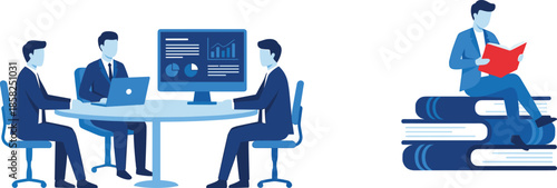 Business analytics illustration showing corporate meeting data analysis teamwork strategy planning professional training research learning and office productivity concept