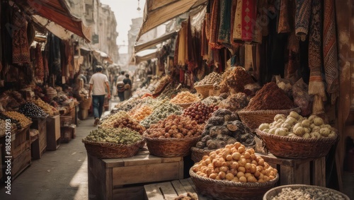 Vibrant Spice Market Scene with Baskets of Dried Fruits and Nuts.