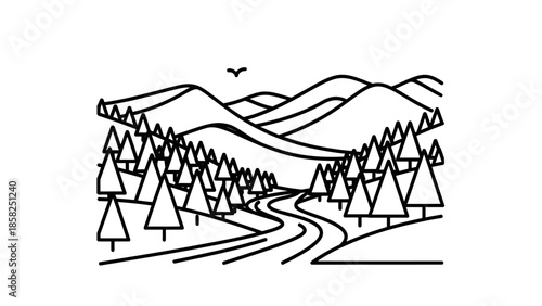 Minimalist Line Art of a Winding Forest Road.
