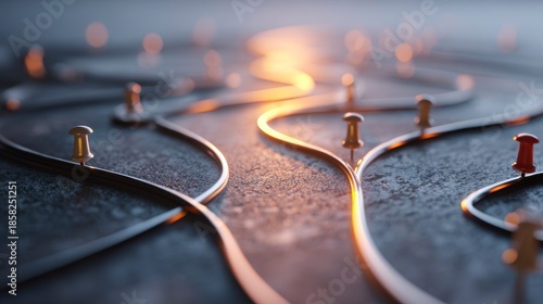 Close-up view of a dark surface with winding pathways marked with pushpins, showcasing route guidance and directional choices