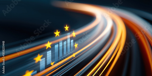 Speeding light trails forming dynamic European economic growth and logistics concept.