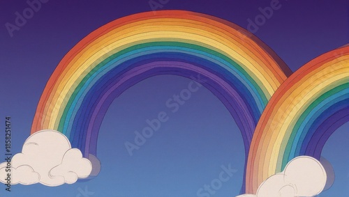 Vibrant Rainbows with Fluffy Clouds Against a Blue Sky Backdrop.