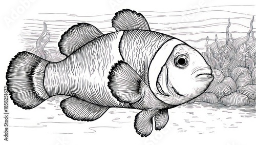 Hand drawn clownfish illustration in a vintage engraving style.