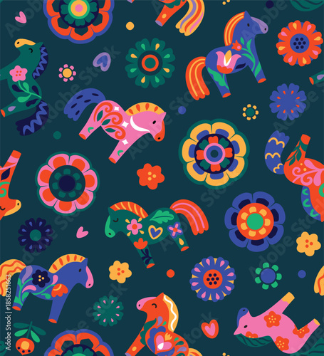 Seamless pattern with Dala Horses and flowers