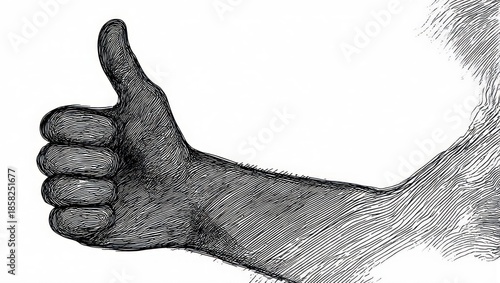 Engraved Hand Giving Thumbs Up Gesture in Black and White.