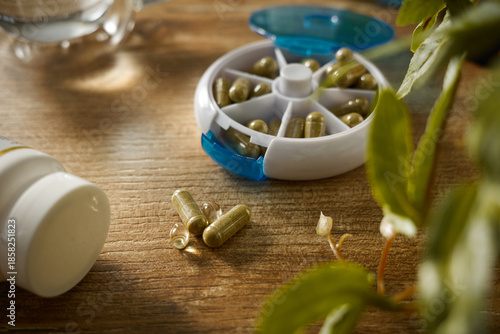 Εκτύπωση καμβά Daily supplement preparation on a wooden table with a pill organizer and green p