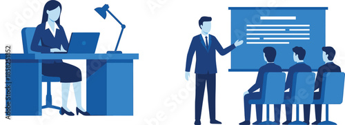 Business meeting illustration showing professional office work presentation training corporate communication teamwork leadership strategy and workplace productivity concept management success