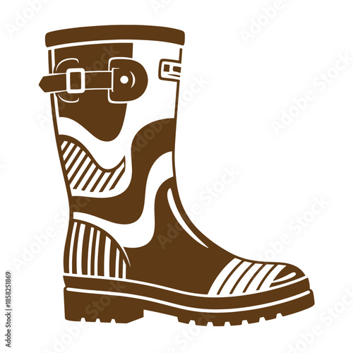 Vintage brown rubber rain boot with buckle and striped design isolated on white background