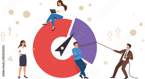Business strategy illustration showing team collaboration influencing direction, performance metrics, decision making, leadership pressure, growth targets, and corporate success