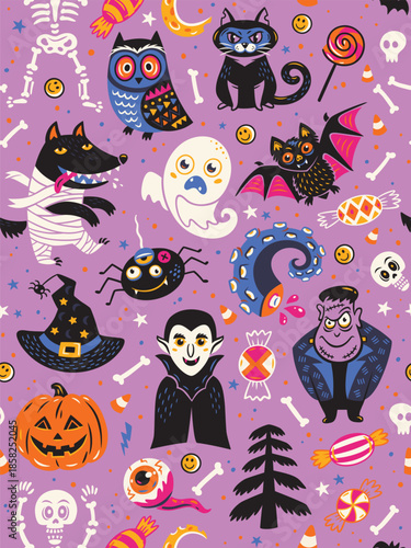 Friendly Halloween creatures and Monsters seamless pattern