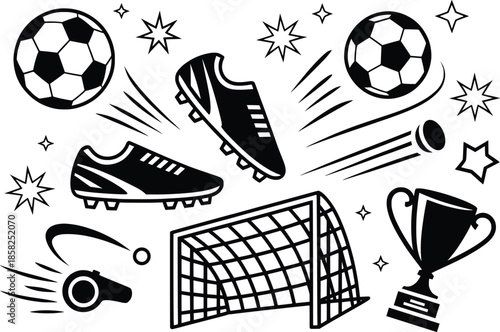 Soccer Equipment and Goal Line Art Illustration Set.