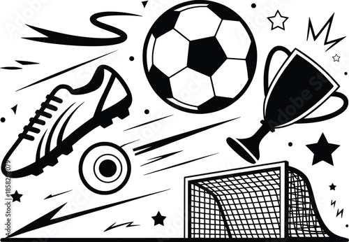 Soccer Equipment and Goal Line Art Illustration Set.