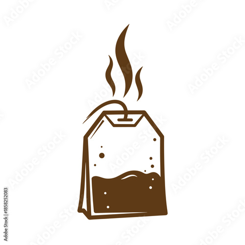 Vintage Brown tea bag with steam rising isolated on white background