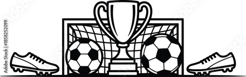 Soccer Trophy and Goal Illustration, Football Championship Line Art.