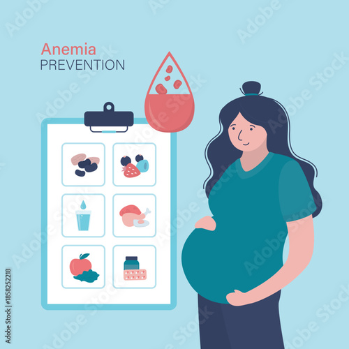Pregnant women suffer from anemia. Infographics about pregnancy and anemia prevention. Hypoglycemia concept, disease and prevention. Diet - fruit and vegetables.