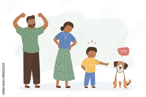 Animal abuse. Woman, man and boy scream, angry people and dog. Family quarrel, aggressive argue husband and wife, pet puppy sad and poor