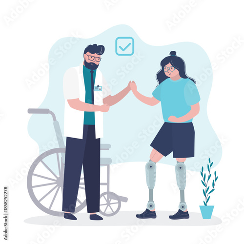 Doctor traumatologist and female character with prosthetic legs. Person wearing a prosthesis. Doctor orthopedist and handicapped person, strong woman with artificial limbs