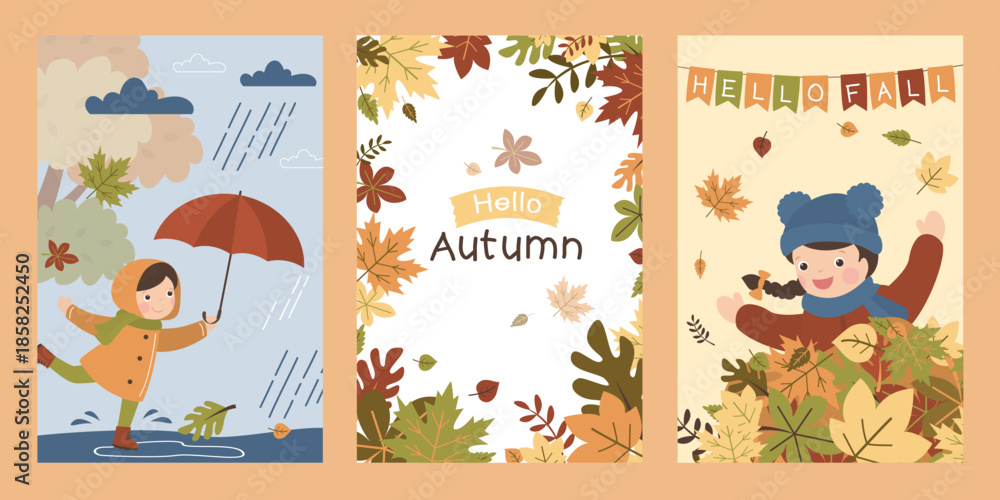 Obraz premium Set of Autumn greeting cards. Cute girl wearing warm clothes. Fall, autumn landscape with falling leaves. Female character have fun and walk outdoors in park