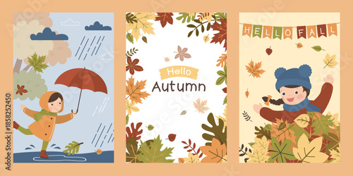 Set of Autumn greeting cards. Cute girl wearing warm clothes. Fall, autumn landscape with falling leaves. Female character have fun and walk outdoors in park