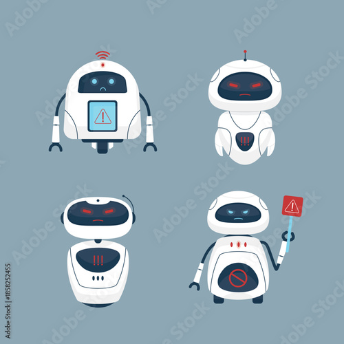 Cartoon set of robots with different negative emotions. Unhappy, sad, angry, surprised chatbot standing. Funny ai character with errors or mistakes.