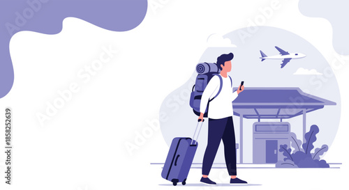 A young male traveler with a backpack and rolling suitcase uses his smartphone, walking at an airport with a flying airplane, depicting a modern journey.