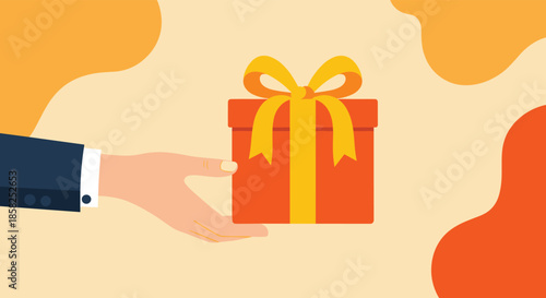 A hand in a suit offers a vibrant orange gift box tied with a yellow ribbon, symbolizing generosity and celebration.