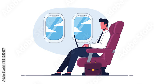 A focused businessman works on his laptop in an airplane seat, enjoying a productive flight with a view of white clouds through the window.