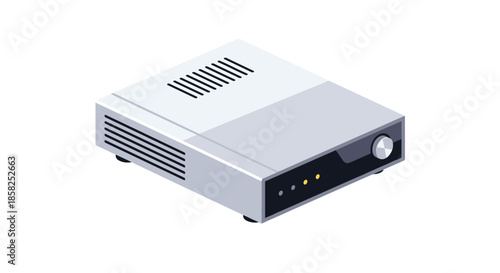 An isometric illustration of a sleek, modern gray electronic device, such as a router or media player, featuring indicator lights and a control knob.