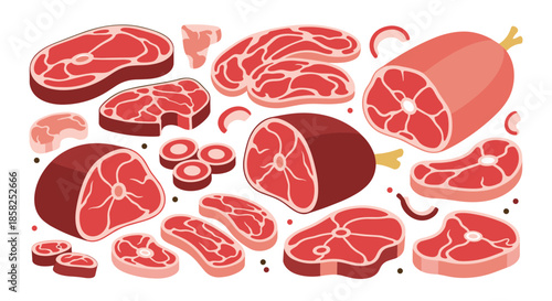 A vibrant illustration showcasing a diverse selection of fresh raw meat cuts, including beef steaks, pork chops, and roasts, on white.
