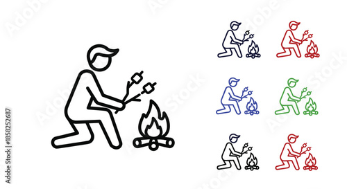 An outline icon depicting a person kneeling by a roaring campfire, skillfully roasting two marshmallows on sticks.