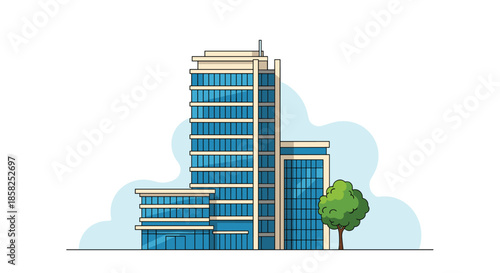 A modern multi-story office building complex with blue glass windows and a green tree, presented in a clean vector illustration style.