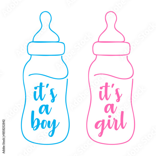 Anuncio de llegada de bebé. Mensaje it's a girl y it's a boy en biberones con líneas de color rosa y azul