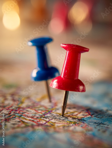 Red and blue push pins marking locations on a colorful map with soft blurred lights in the background symbolizing travel planning and destinations