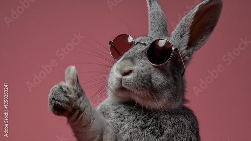 Gray rabbit wearing stylish round sunglasses with a confident pose showing thumbs up gesture against solid pink background in fun and quirky portrait
