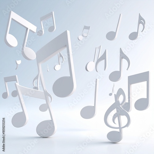 3D Rendered Musical Notes Floating in a Bright, Serene Space, Symbolizing Harmony and Creativity.