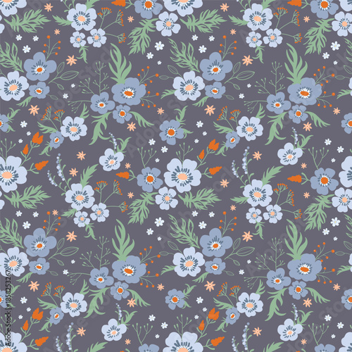 Seamless floral pattern with plants flowers, leaves, twigs, and berries. Botanical print in trendy colors. Vector design for packaging, fabric, interior design, textiles, print, brochures, wallpaper