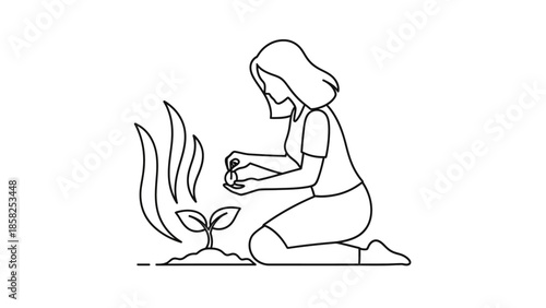 Woman tending to a small plant seedling.