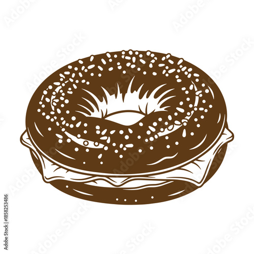 Vintage Illustration of a toasted everything bagel with cream cheese spread on a white background