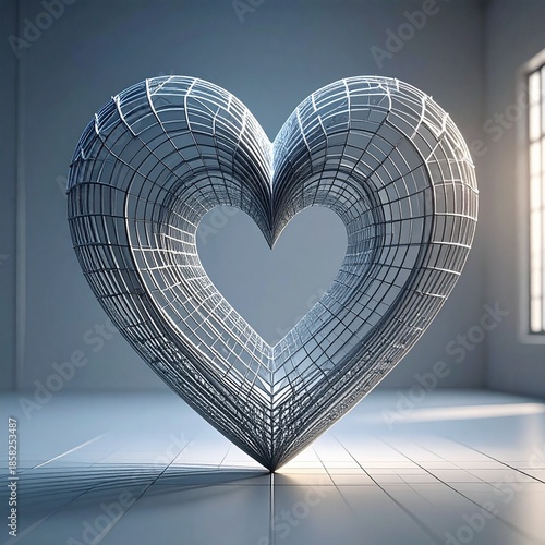 Abstract Metallic Heart Sculpture in a Minimalist Room.