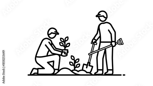 Two people planting trees in a garden setting.