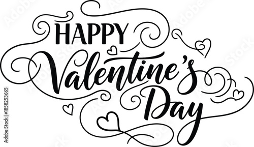Elegant black and white script calligraphy typography design proudly proclaims happy valentine's day message surrounded by beautiful swirls and hearts