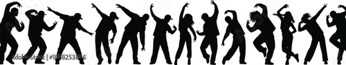 Group of dancers silhouette performing energetic modern dance poses, diverse people movement illustration, black vector artwork isolated on white background